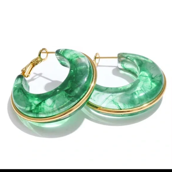 Green Resin Hoop Earrings – Gold Plated Stainless Steel - Picture 1 of 6